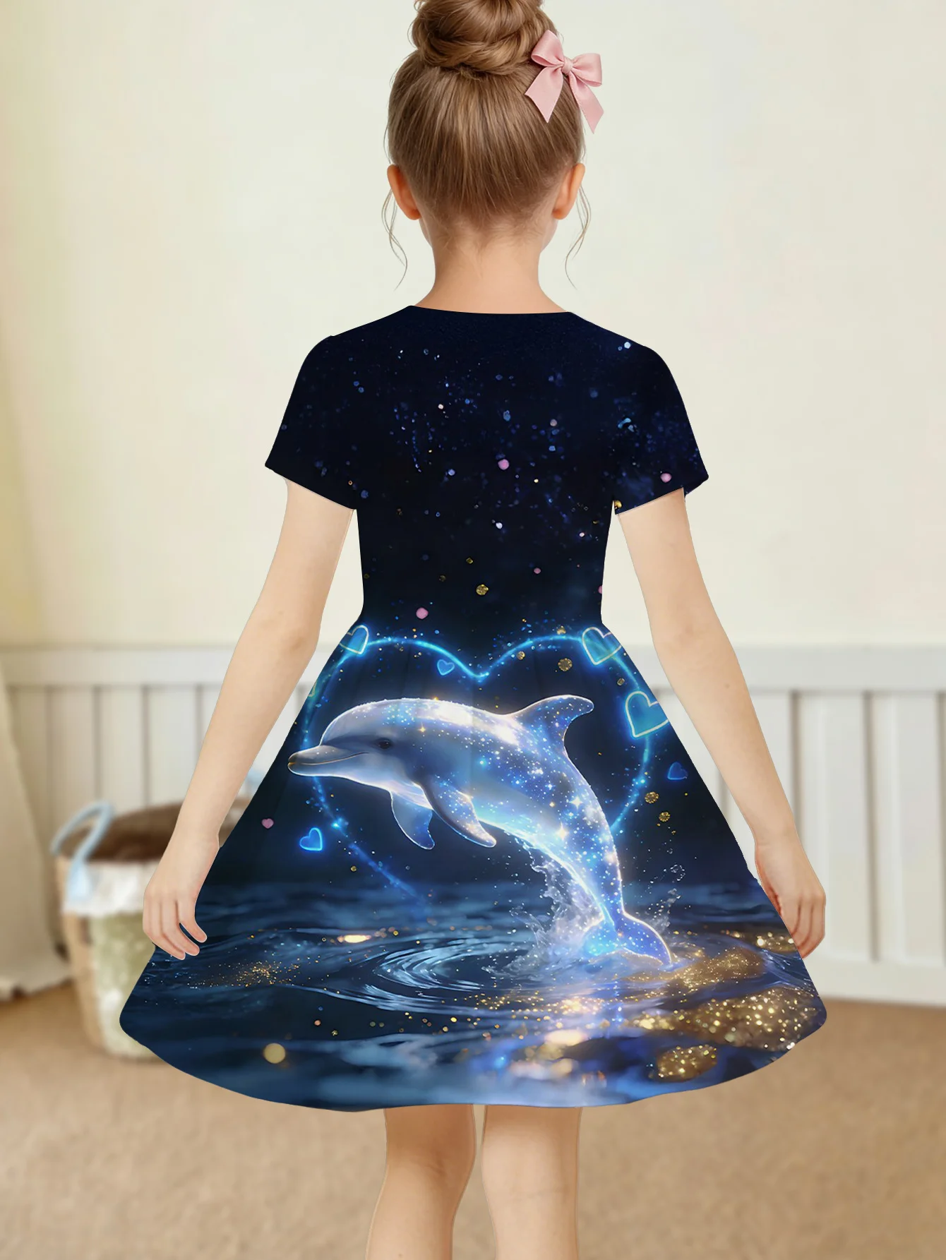 Toddler Kids Girls Magical Glitter Ocean Print Dress Kids Dreamy Short Sleeve A-Line Dress Toddler Casual Party Dress