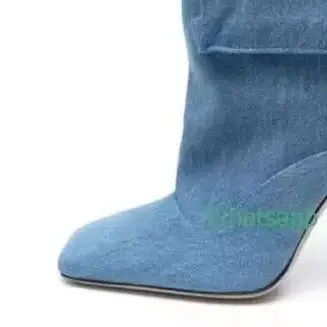 2026 Winter New Style Stiletto Heels Knee-High Boots Square Toe Retro Denim Pocket Cloth Boots Large Size Women's Long Boots