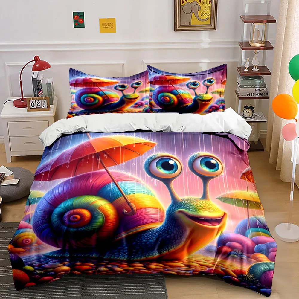 Rainbow snail with umbrella in rain Bedding Set for Kids Luxury Gift 3pc Digital Print Comforter Set Soft Comfortable Breathable