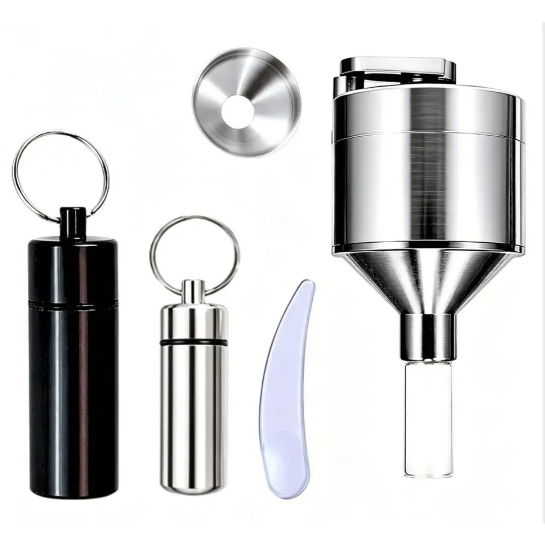 Portable Grinder and Black Metal Vial with Spoon and Funnel for Superfine Powder Despensing