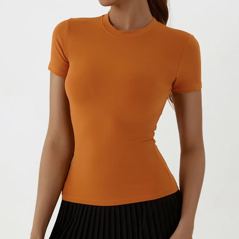 المرأة اليوغا قميص حريمي بلون الرياضة تي شيرت اللياقة البدنية الملابس قصيرة الأكمام قميص يوجا رياضة أعلى تشغيل ملابس نشطة الرياضة الأعلى