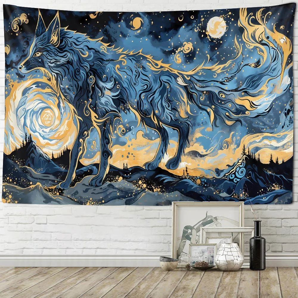 Mysterious Forest Lone Wolf Wall Tapestry Polyester Fabric Machine Washable for Bedroom And Living Room Decor