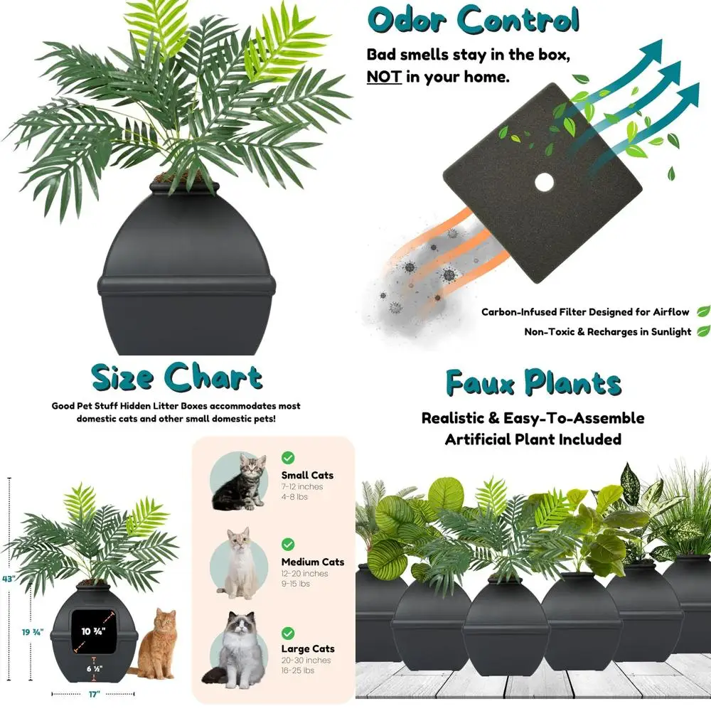 

Artificial Plant Cat Litter Enclosure with Odor Control, Easy Clean, USA Made Base Kit, Black