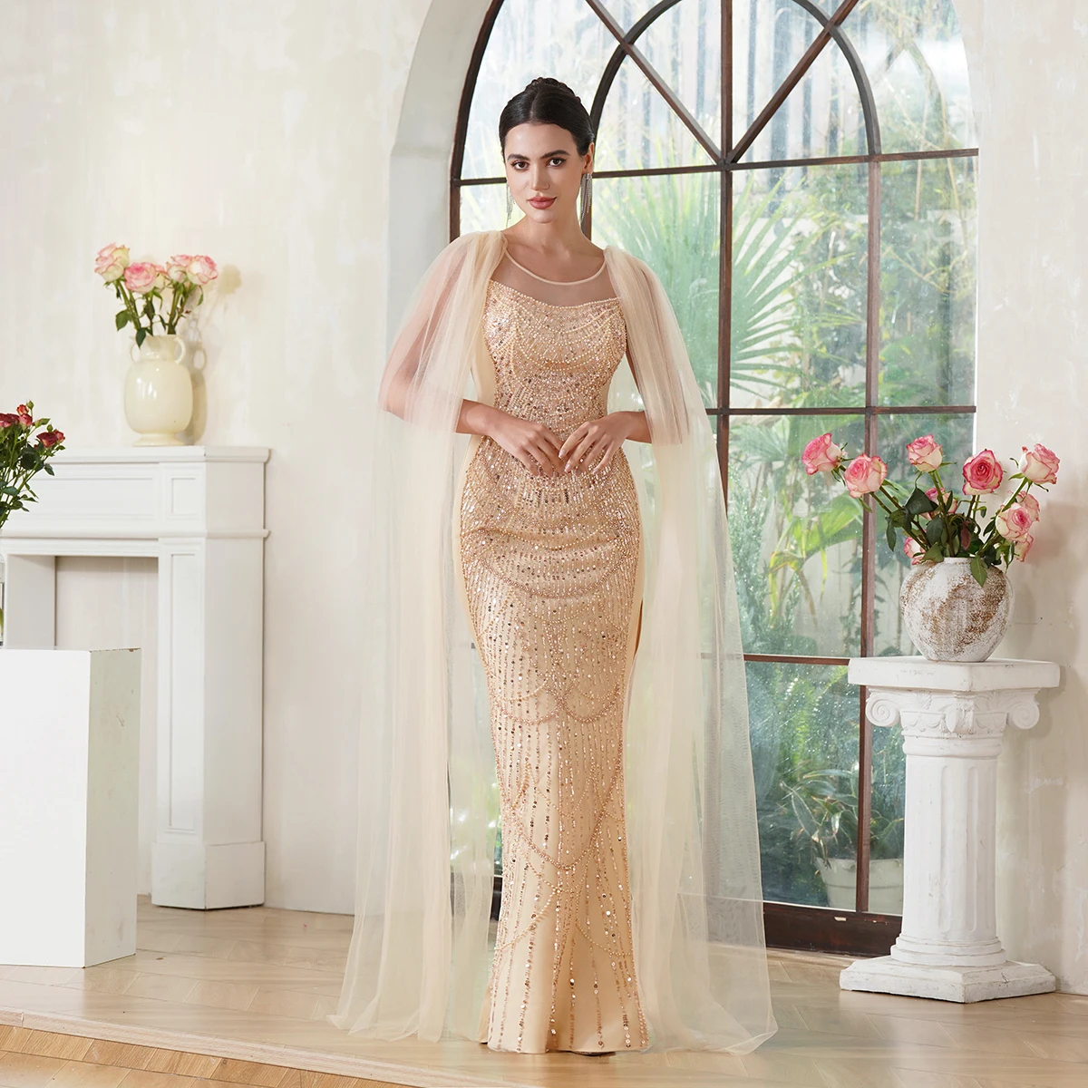 New Luxury Champagne Beading Evening Dress Sexy Side Split Celebrity Dress Decorative Chains Meimaid Dress فساتين سهرة