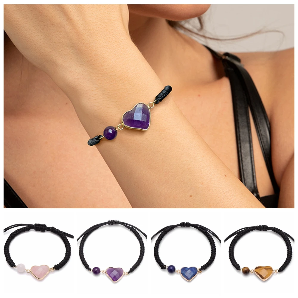 Adjustable Bracelet With Woven Black Rope Heart Shap Natural Purple Amethyst Crystal Charm Bracelet Gift For Women Friend