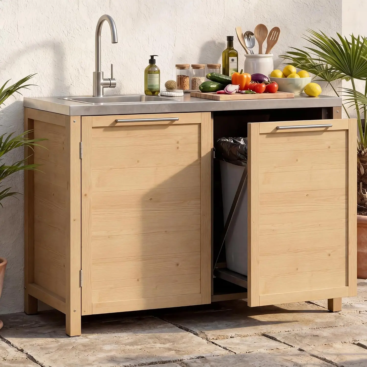 Patio Kitchen Sink Cabinet with Stainless Steel Countertop, Solid Cedar Patio Prep Table with Trash Bin Storage, Outdoor Cooking