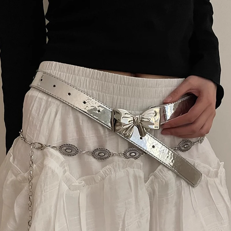 Y2K Bow Buckle Belt Silver Leather Elastic Binding Embellished Waistband Sweet Cool Suit Dress Jeans Belt Decoration Accessories