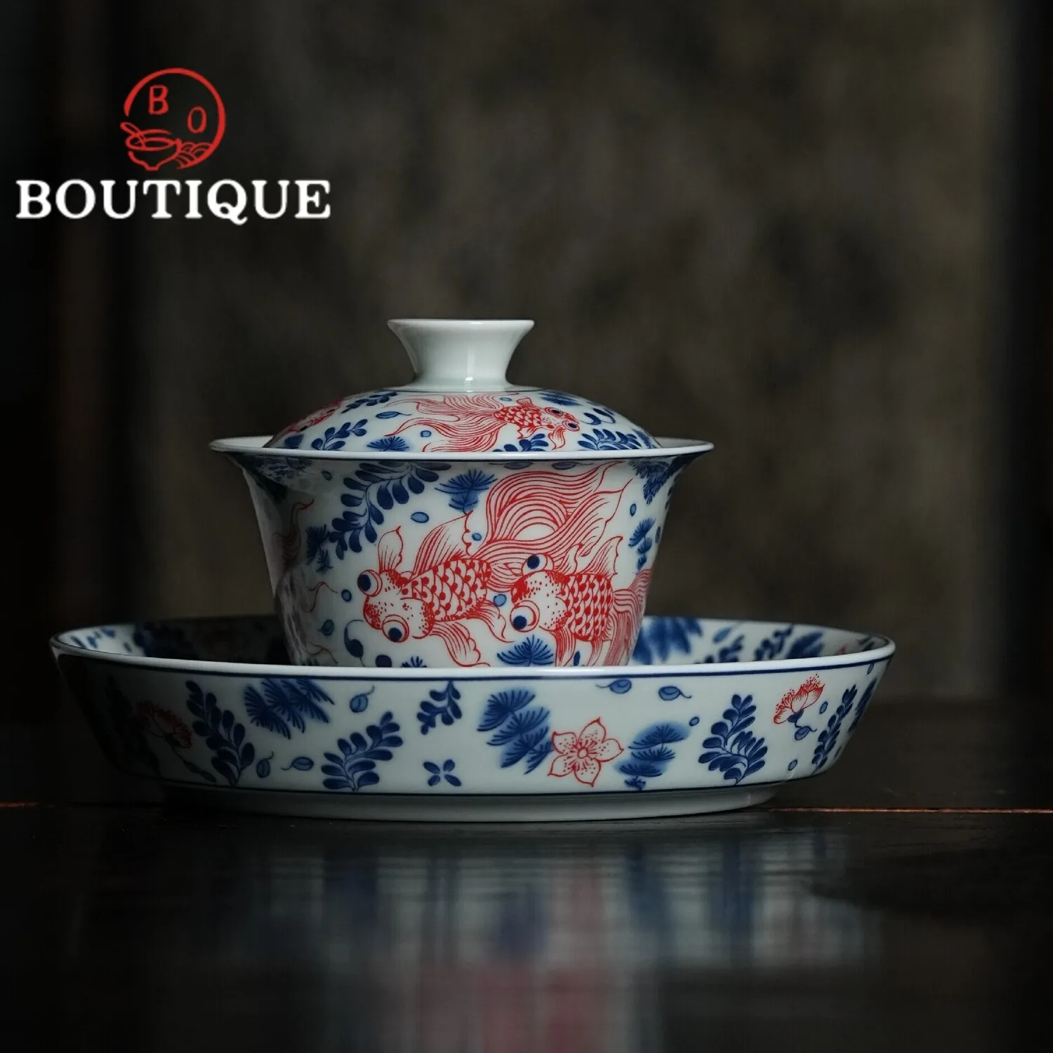 135ml Blue and White Sancai Covered Bowl Tea Tureen Hand Painted Lotus Fish Lotus Chinese Style Household Ceramic KungFu Tea Set