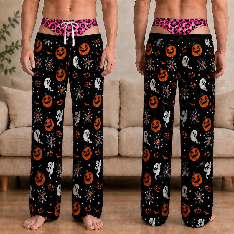 Fun Men's Halloween Open Back Hip Flip Black Ghost Pumpkin Spider Web Printed Pink Leopard Pattern Waist Fun Party Home Pants