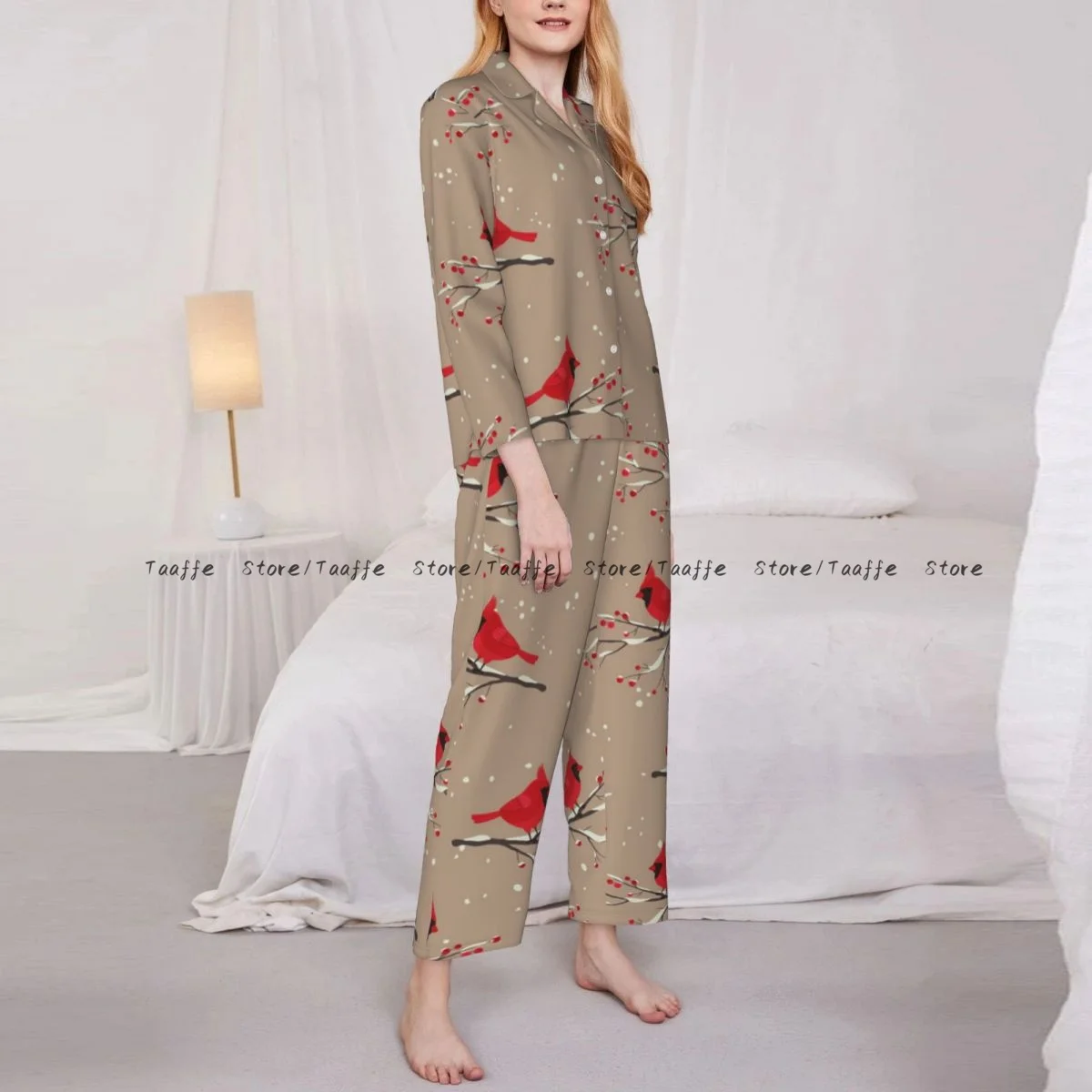 Women Sleepwear Pajamas Cardinal Bird Silhouettes On Snowy Berry Branches Long Sleeve Pijama Female Set Negligee Cardigan Suit