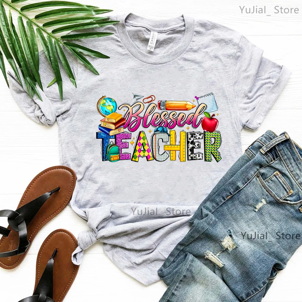 

Colorful Blessed Teacher Graphic Printed Tshrit Women Teacher Spirit Fashion T Shirt Femme White/Pink/Gray T-Shirt Female