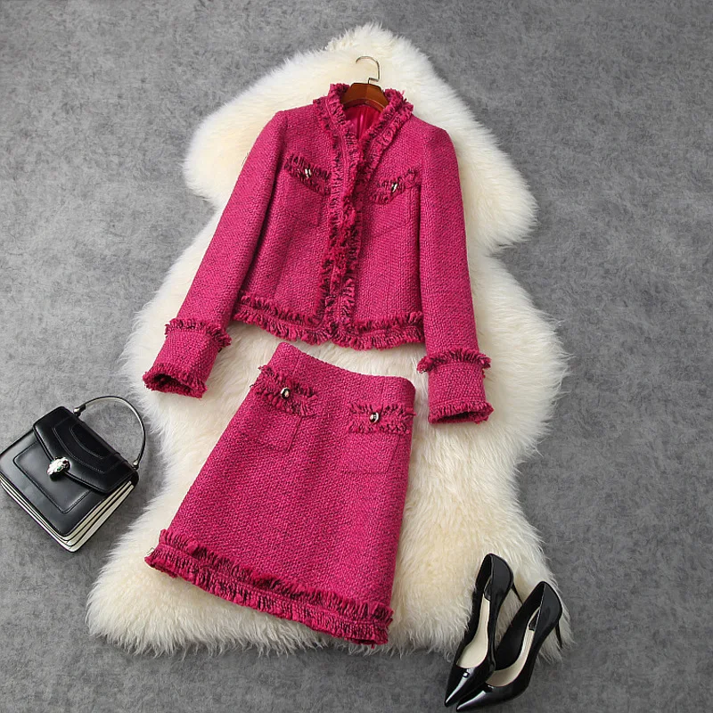 Tesco Tweed Jacket Women Suit Set Tassel Blazer A Line High Waist Skirt Suit For Women Outfit Elegant Office Suit jacket mujer