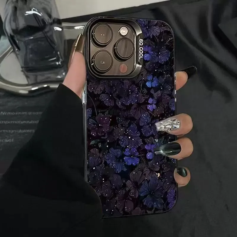 Für iPhone 17e Hülle iPhone 17 18 Pro Max Air 16e 16 Plus SE Lila Blumenmuster Handyhüllen Metallischer Glanz Schutzhülle