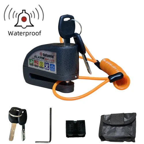 Candado de protección de seguridad con alarma para candado de bicicleta y motocicleta, disco de aleación de aluminio, recordatorio antirrobo, bolsa de bloqueo de cuerda + batería de repuesto
