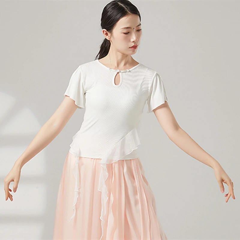 Women Classical Dance Top Cheongsam Crew Collar Short Sleeve Shirt Spliced Chiffon Flowy Hem Hanfu Tee Stage Performance Costume