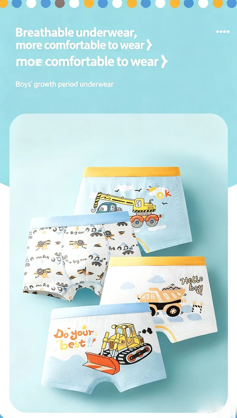 4 Stück Jungen-Unterwäsche mit Cartoon-Baufahrzeug-Motiven, Boxershorts, Kinderkleidung aus A-Klasse-Baumwolle, Atmungsaktive Weiche Kinderunterhosen – Detail 2