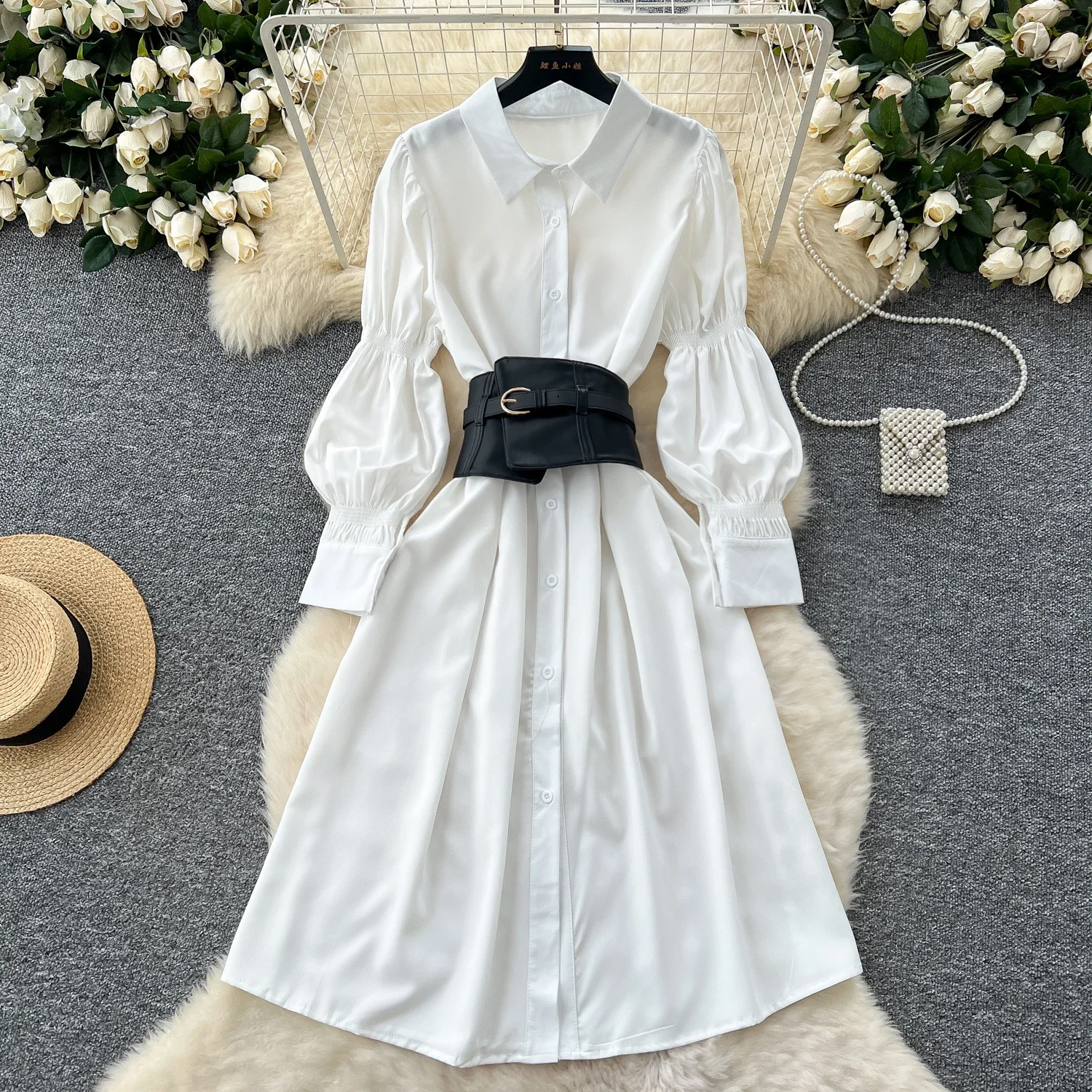 Basics Long Lantern Sleeve Polo-neck Chic Single Breasted Waist Seal Slim Long Dresses French Office High Street Autumn Clothing