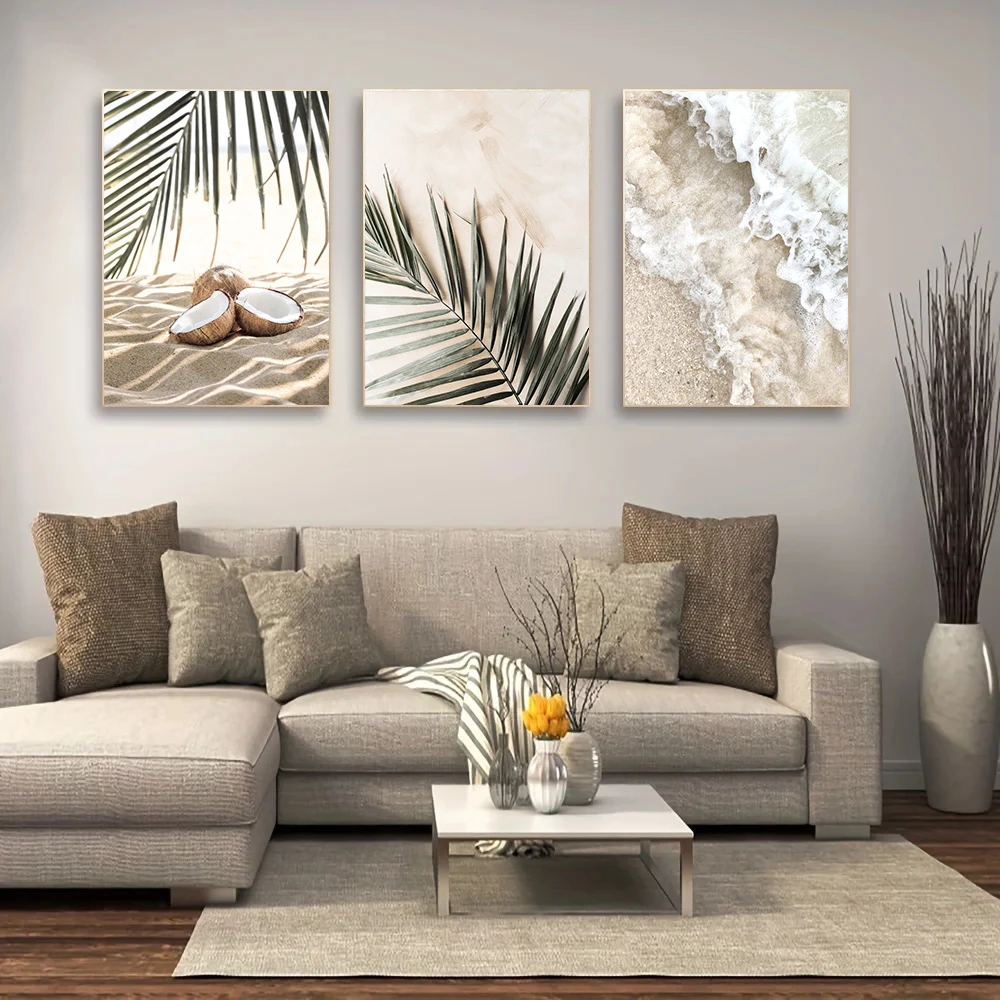 White Waves Beach Coconut Poster Seascape Canvas Painting Palm Leaves Print Pictures Nordic Wall Art Posters Living Room Decor