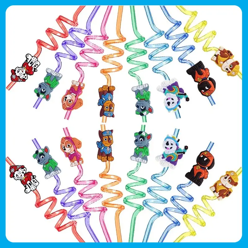 8pcs Paw Patrol Theme Straws Cartoon Chase Dog Reusable Drinking Straws For Kids Birthday Decoration Party Supplies Baby Shower