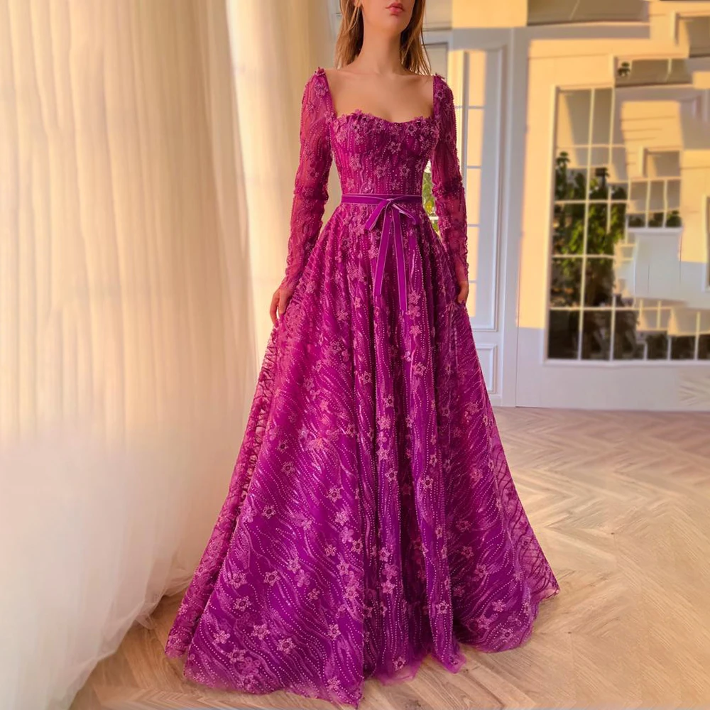 Vintage Fuchsia Tulle Prom Dresses Long Ball Gowns with Long Sleeve Square Collar Printed Floras Empire Wasit فساتين السهرة