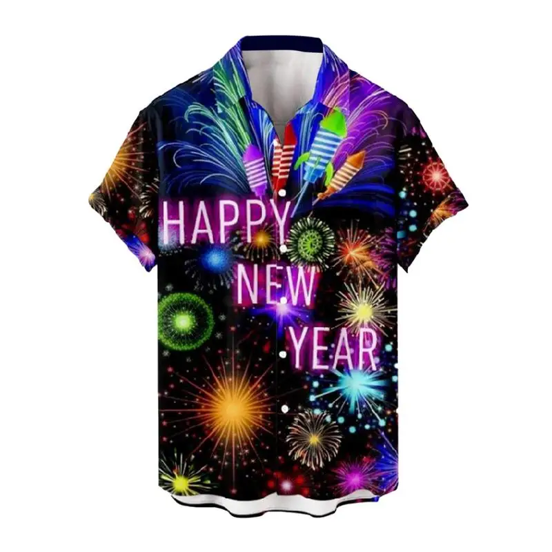 New Years Shirt Print Happy New Year Firework T-Shirt 2024 Comfortable Printed Shirts Fashion Party Supplies for Men Home