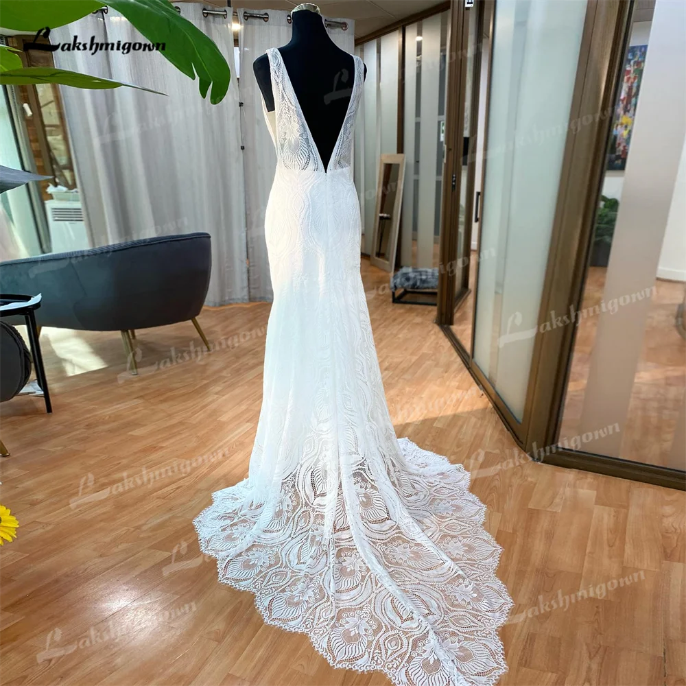 Vestido de novia de sirena de encaje personalizado con escote en V pronunciado, vestidos de novia formales largos sin espalda sexis sin mangas