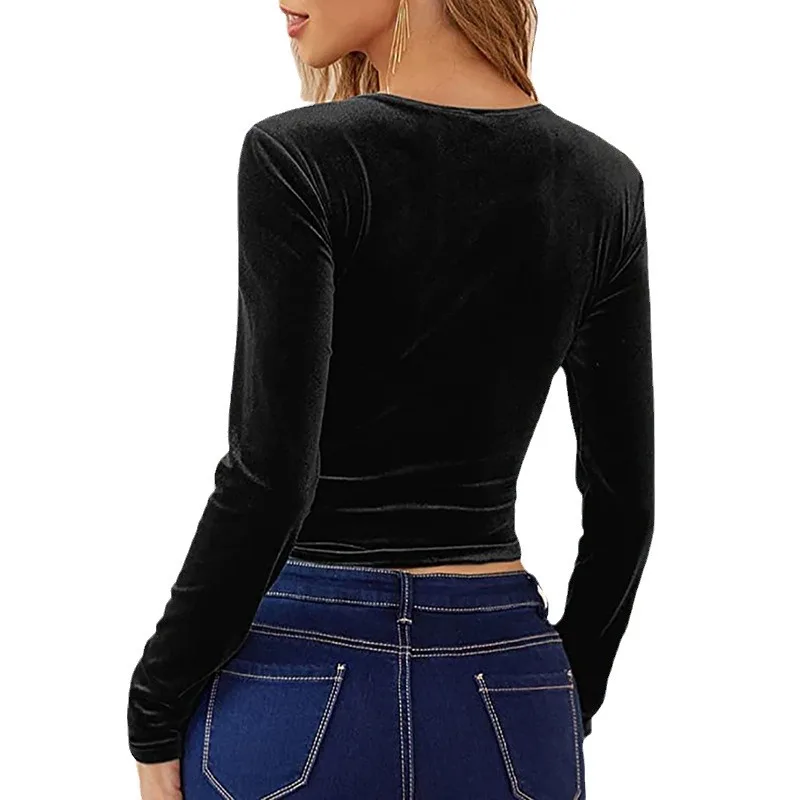 秋と冬の新しい女性用ゴールドベルベット V ネック クロップ トップ T シャツ