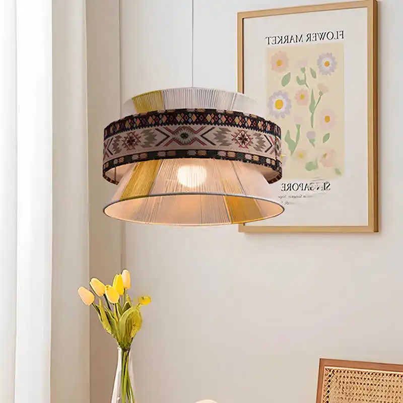 SANDYHA البوهيمي نمط القطن حبل المنسوجة قلادة أضواء العرقية المطبوعة النسيج الثريا لغرفة المعيشة غرفة نوم الإضاءة الفريدة