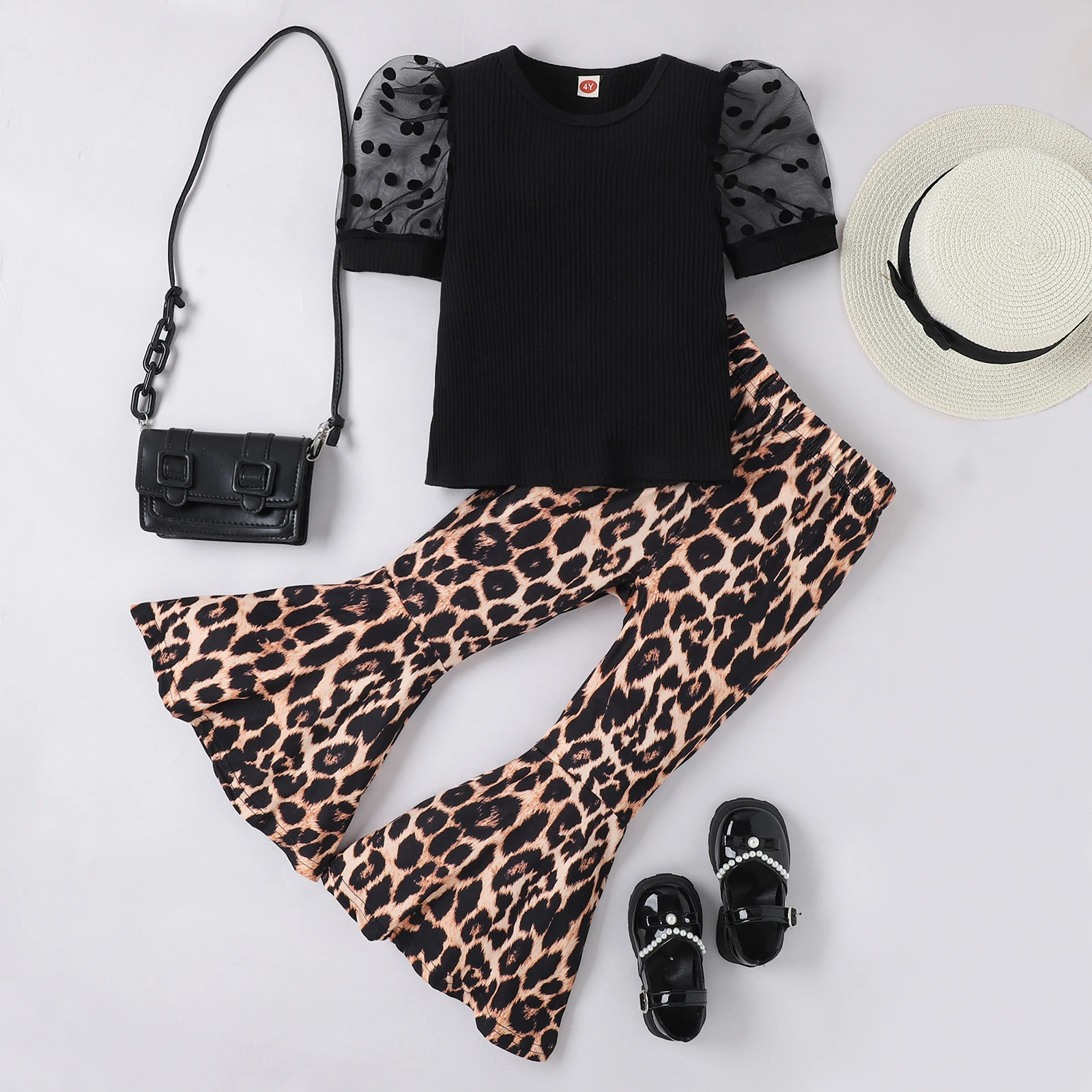 2PCS Summer 4-7 Years Old Baby Girls Soft And Comfortable Cool Black Lace Short Sleeve + Leopard Print Flare Pants Casual Suit