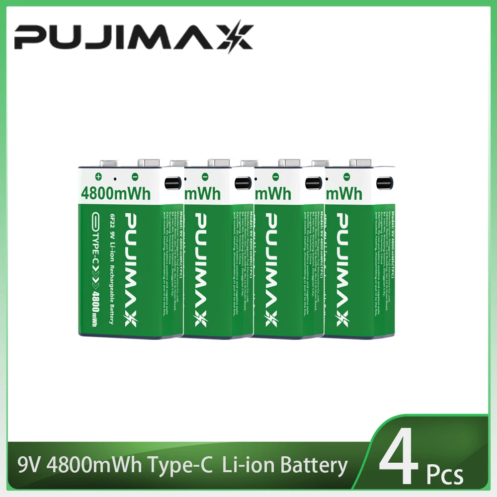 PUJIMAX USB 9V Oplaadbare Batterij 4800mWh Type-C Oplaadbare 6F22 9V Li-ion Batterij voor RC Helicopeter Model Multimeter Speelgoed