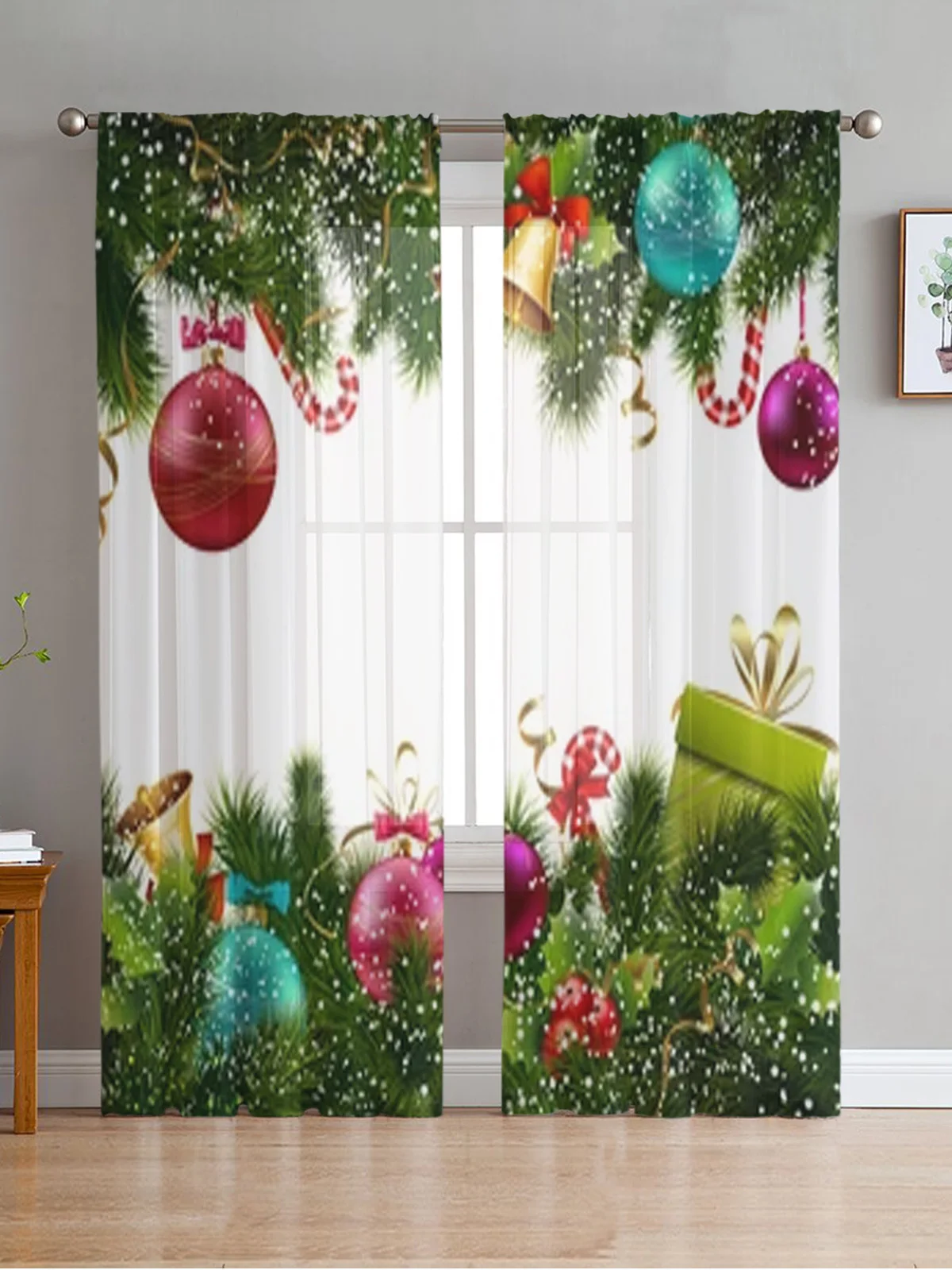 Christmas Decoration Balls Fir Branches Sheer Curtains For Living Room Bedroom Balcony Transparent Window Blinds Kitchen Drapes