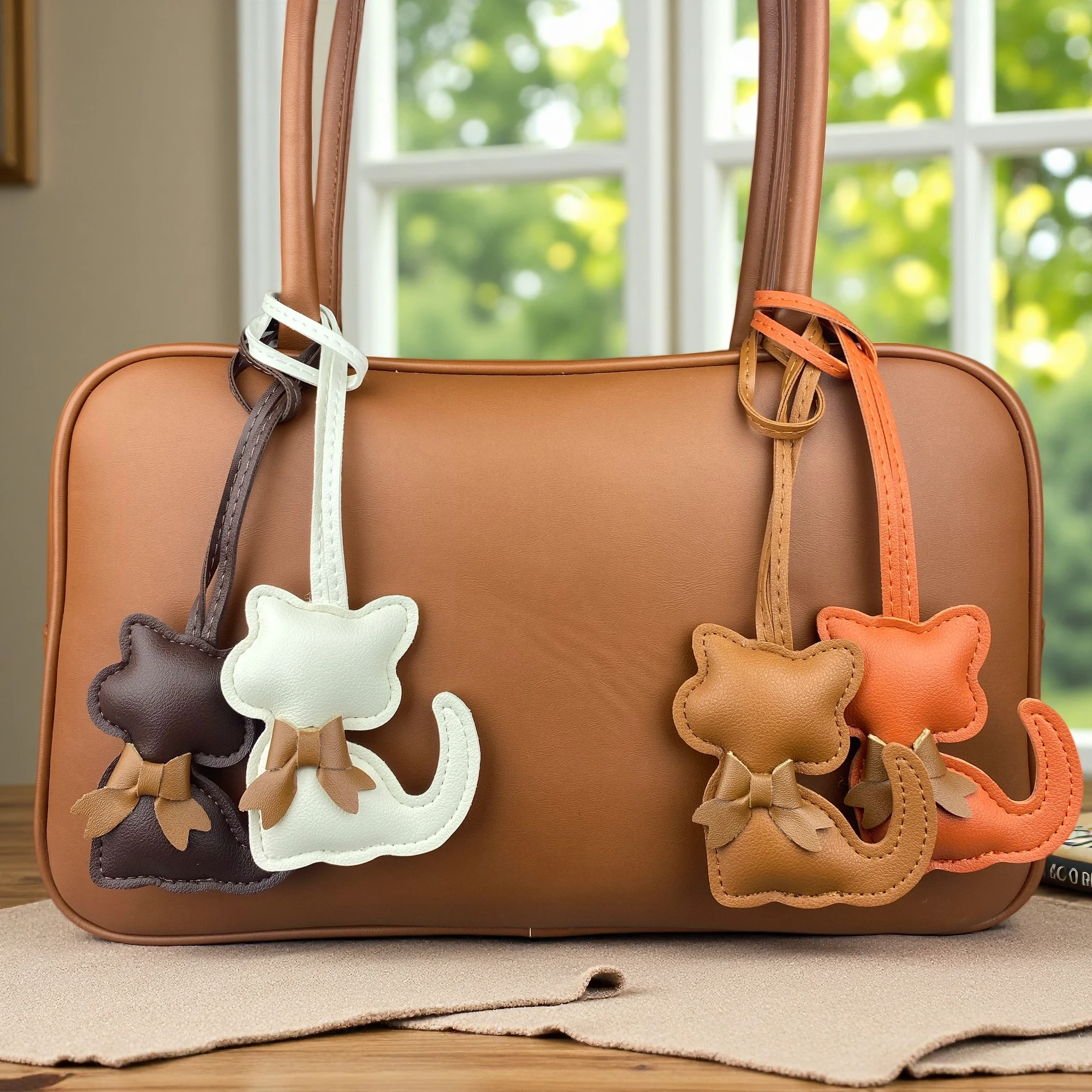 Adorable PU Leather Kitten Bag Charm-Cat Accessories with Brown Leather Bow Tie, Handmade Purse Pendant Keychain for Bags, Gift