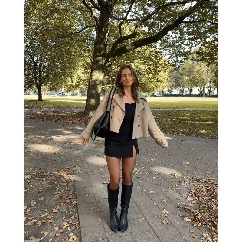 Luxury Brand Spring Autumn Trench Coat New Lapel Double-Breasted Short Windbreaker Bomber Jacket Outerwear Top Long Sleeves