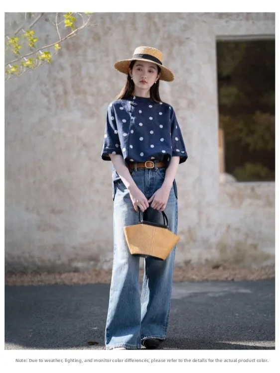 قميص نسائي صيفي غير رسمي من الكتان مقاس كبير مطرز بنقاط بولكا على الطراز الفني قميص تنحيف بأكمام خمسة للتنقل