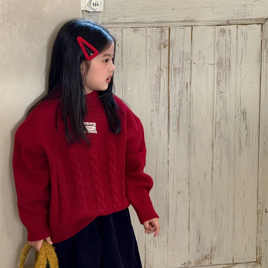 Girls Sweater 2025 Winter New Korean Version Advanced Design Sticker Fried Dough Twists Pullover Sweater Sweet Daily