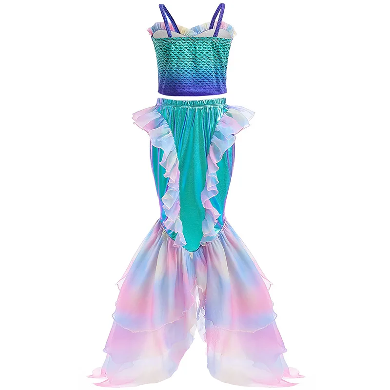 

Girls Shiny Dress Cute Lace Splicing Mesh Mermaid Girl Suspender Fishtail Stage Party Swimming Two-piece Performance Costume