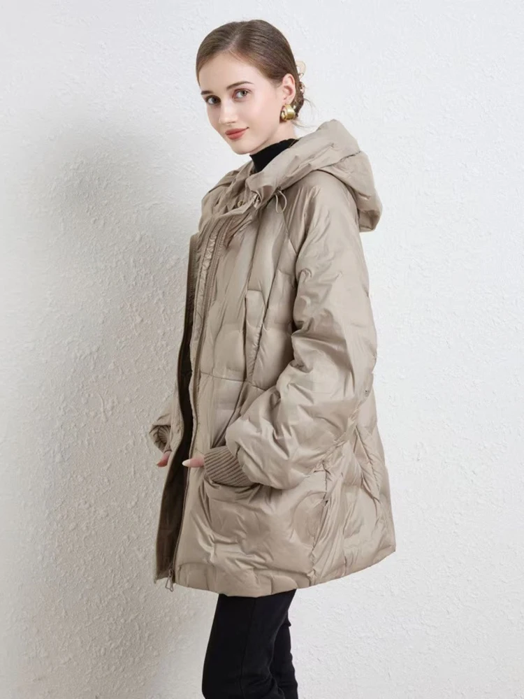 الشتاء الصلبة منتصف طول مقنعين أسفل سترة الإناث الدافئة سستة باركر أبلى المرأة الأبيض بطة أسفل جيب كبير فضفاض أسفل سترة #3