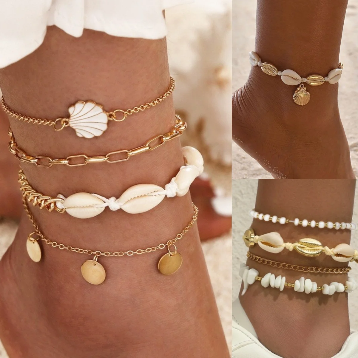 

Summer Hand-knitted Ladies Beach Crushed Stone Chain Boho Shell Charm Ankle For Women Bracelet On The Leg Fashion Jewelry