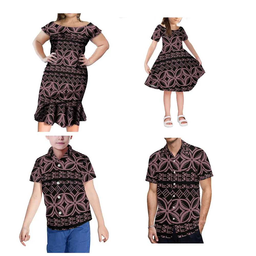 Polynesian Print Custom Design Family Parent-Child Suit Mother And Daughter Fashion Long Dress Father And Son Shirt Match