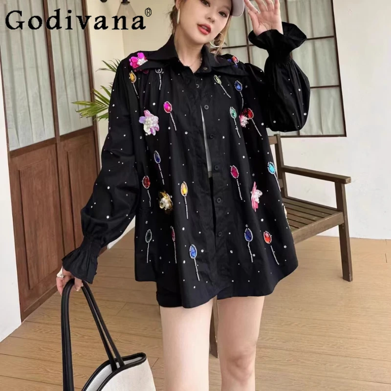 

Summer New European American New Heavy Industry Color Diamond Beaded Flower Leisure Shirt Girl Long Sleeves Loose Street Top