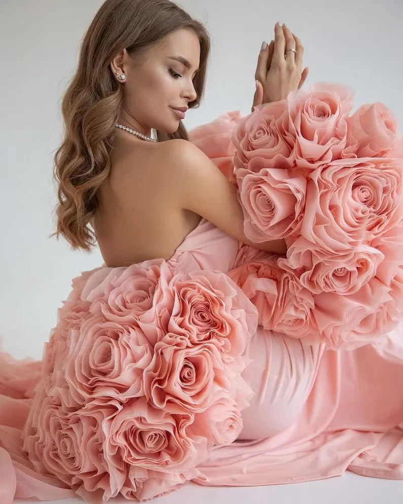 Couture abiti da sera a sirena elasticizzati rosa pesca con giacca floreale in Organza 2 pezzi abiti da sera a fioritura modesta