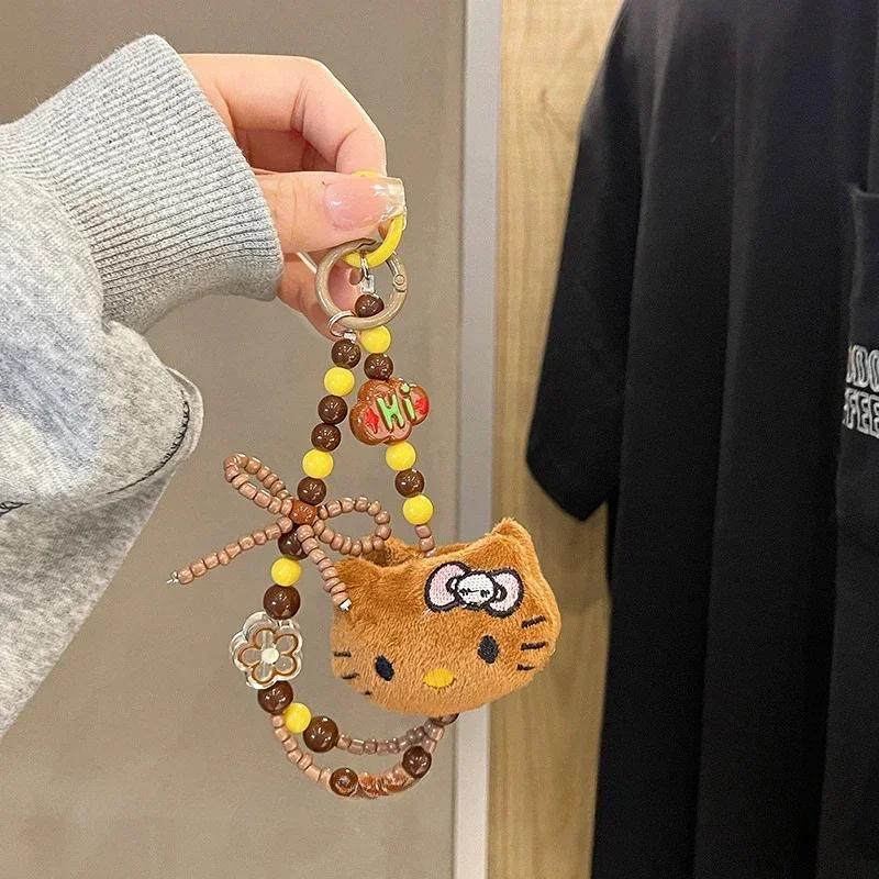 Sanrio Colorful Beaded Keychain Hello Kitty Kawaii Cartoon Plush Phone Strap Wrist Strap Backpack Pendant Decoration Gifts image 3