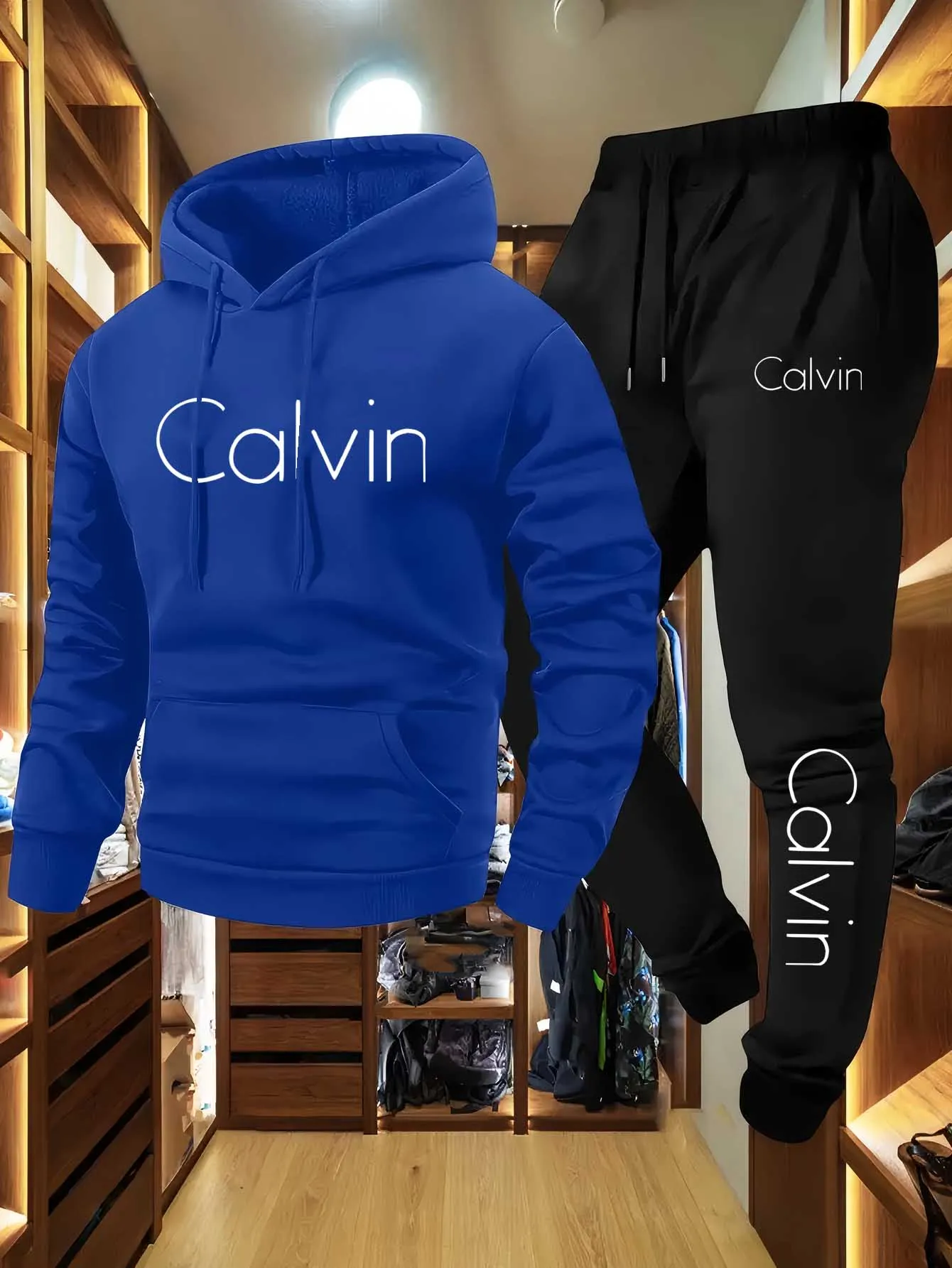 طقم ملابس رياضية شتوية للياقة البدنية والشارع مكون من قطعتين للرجال - سترة بغطاء للرأس بشعار أيقونة كبيرة الحجم وسراويل للركض، ملابس رياضية عالية الجودة