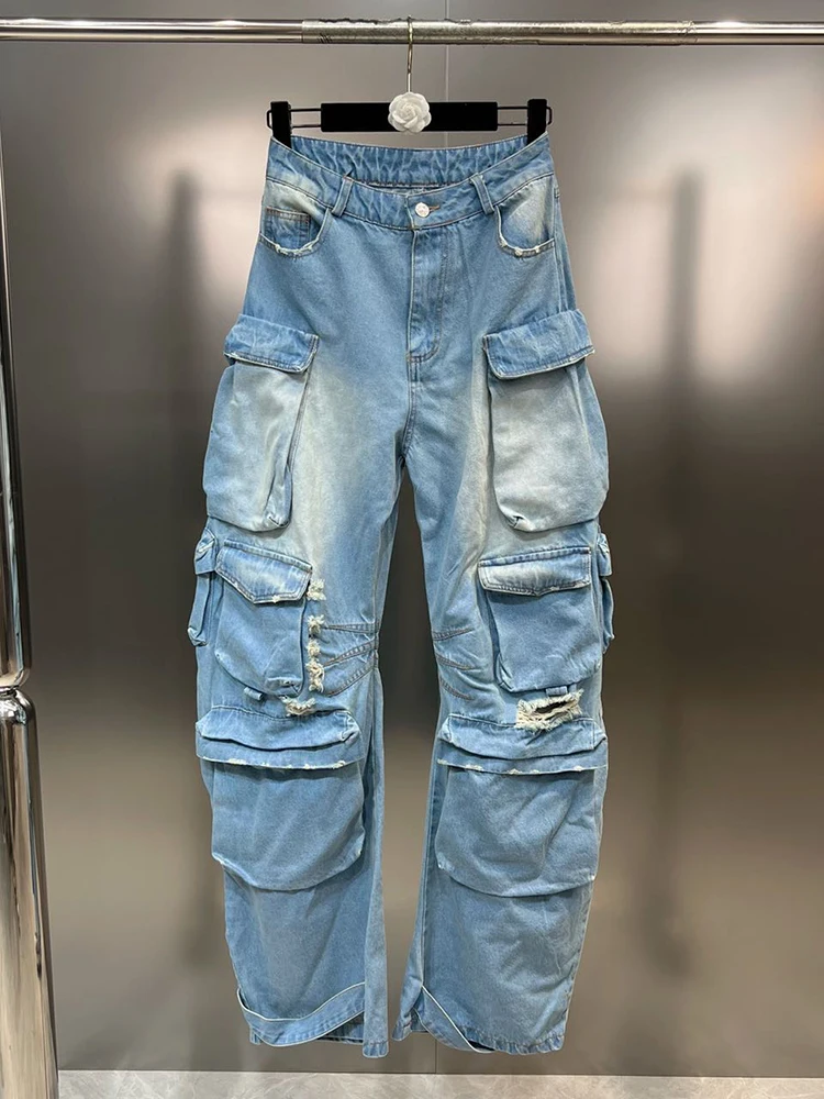 CHICEVER Patchwork Pockets Folds Denim Trousers For Women High Waist Vintage Colorblock Summer Casual Cargo Pants Female 2023