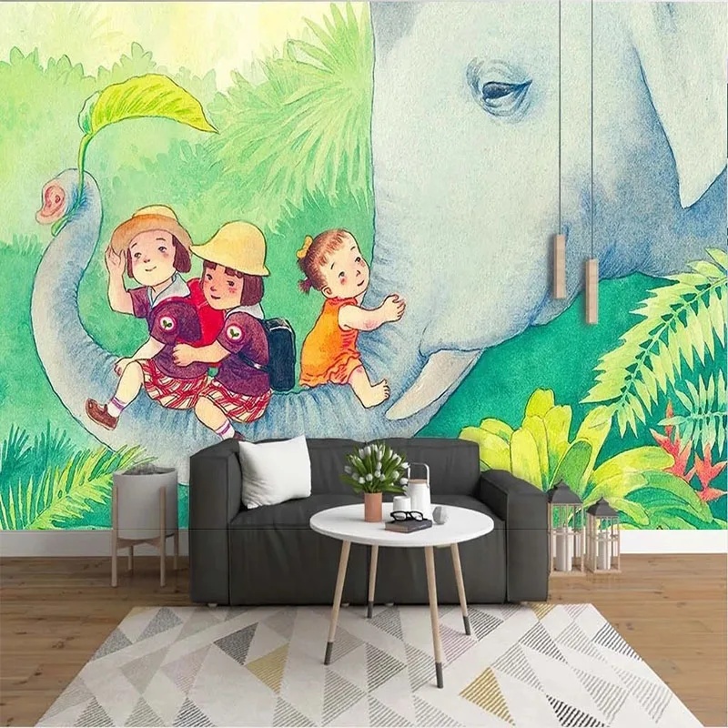 Custom Hand-Painted Cartoon Elephant Children's Room Background Wall Decorative Painting Backdrop Sticker Papel De Parede Tapety