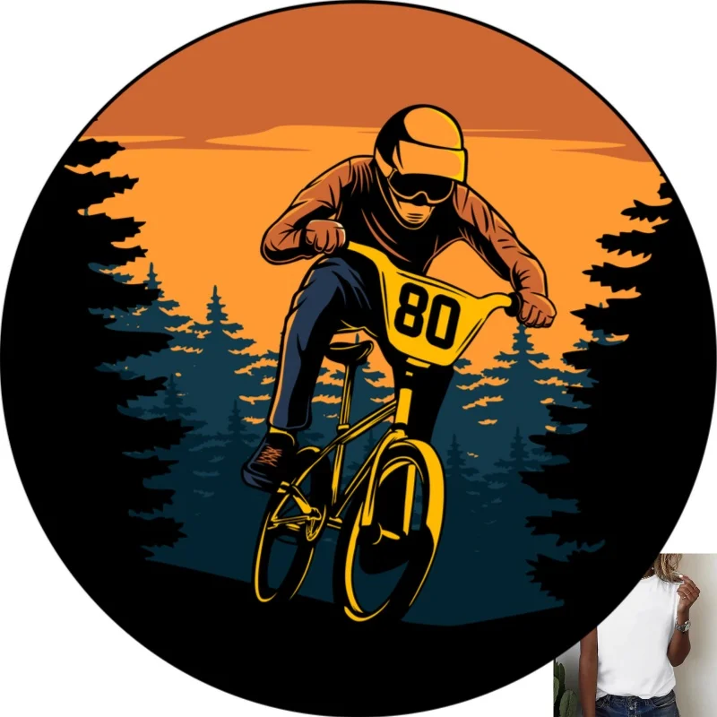 Trendy BMX Rider Heat Transfer White Ink Iron - on, Retro Sports Style, Suitable for T - shirts, Canvas Bags, Versatile for