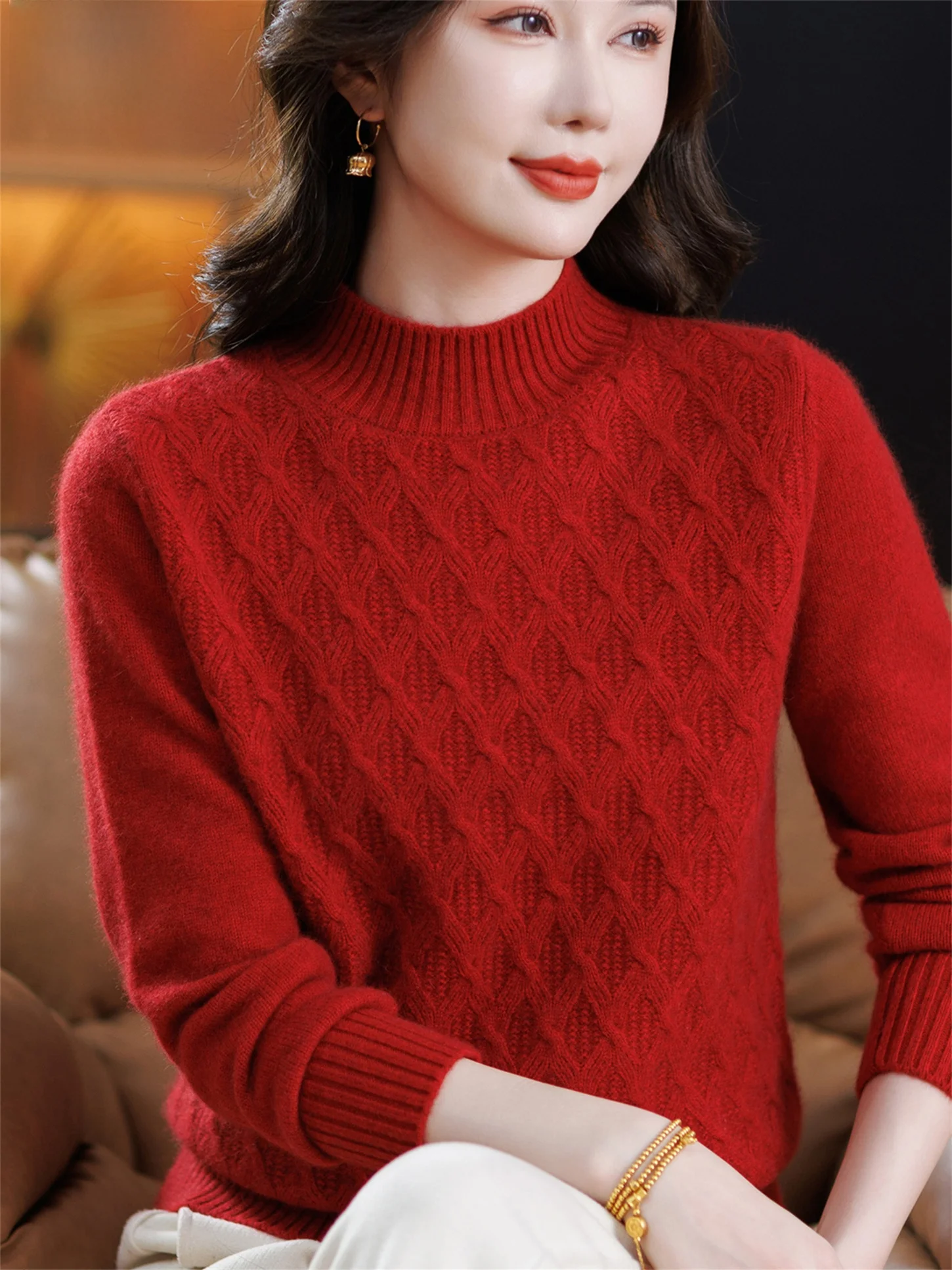 

Теплая шерстяная кофта для женщин среднего возраста, осенне-зимняя новинка, модная, с высоким воротником, утягивающая, базовый слой, с льняными вставками