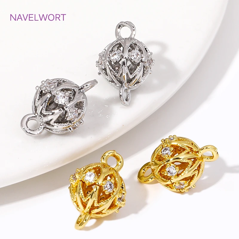 18K Gold Plated Spherical Hollow Out With Zircon Charms Connector,Bracelet Connectors, For DIY Jewelry Making Supplies Findings