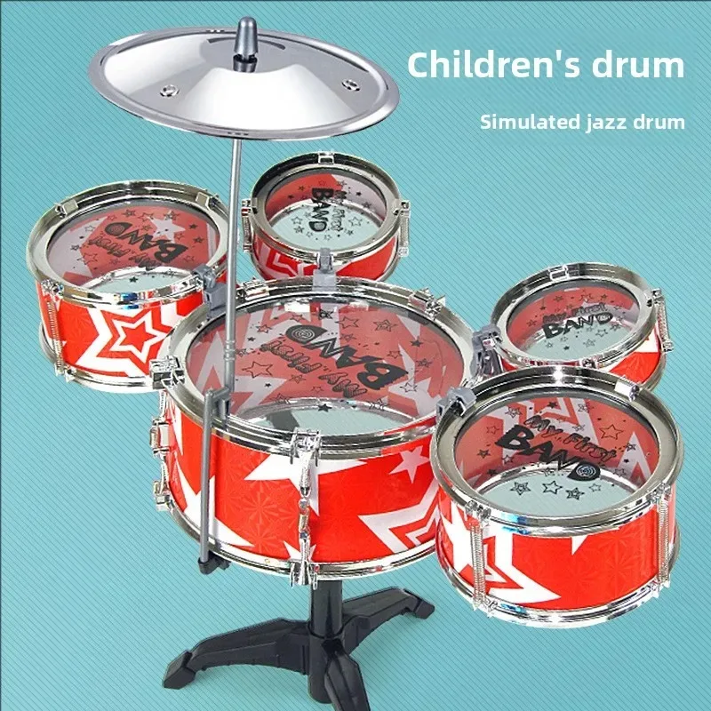 

5 6-Piece Drum Set Drum Kit Jazz Drum Set with Folding Step Stool Cymbal Pedal Drumsticks Percussion Musical Instrument Toys
