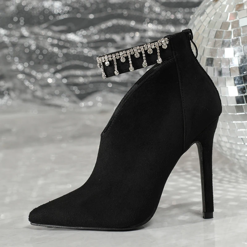 

Luxury Crystal Tassel Design Suede Women's Ankle Boots Sexy Pointy Toe High Heels for Ladies Fashion Back Zipper Stiletto Boots